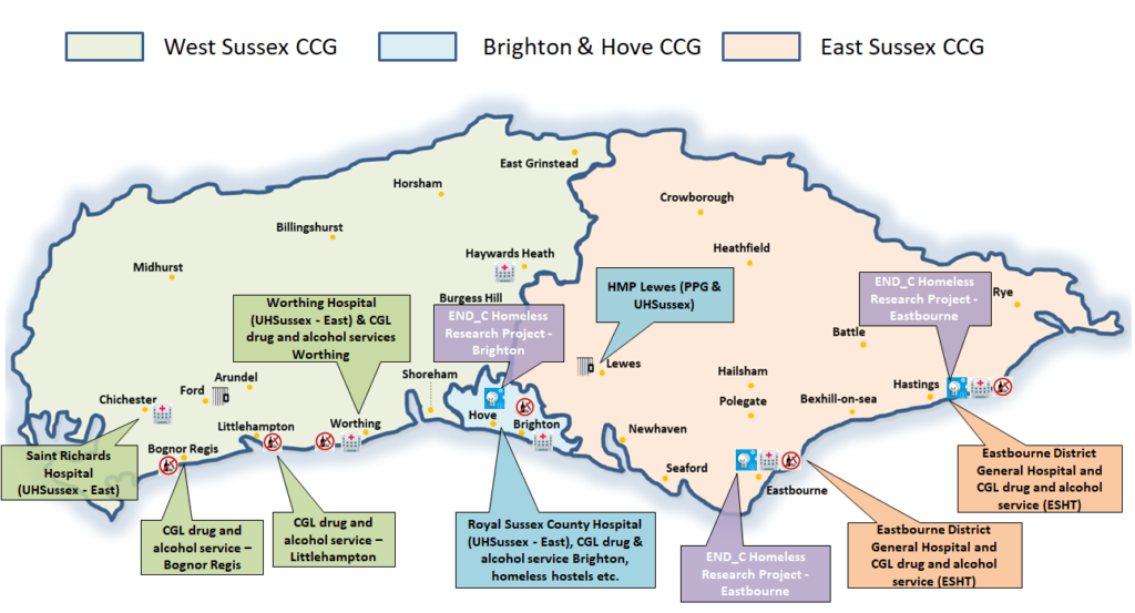 The map of Sussex shows that the geographical area is split between three NHS CCGs - West Sussex, Brighton and Hove and East Sussex. 

Within the map are St Richard's Hospital in Chichester, Royal Sussex County Hospital in Brighton and Worthing Hospital. It also shows Eastbourne District General Hospital and CGL drug and alcohol service run by ESHT; CGL drug and alcohol service in Bognor Regis, Littlehampton and Worthing; HMP Lewes; and the End_C Homeless Research Project in Brighton and Eastbourne.