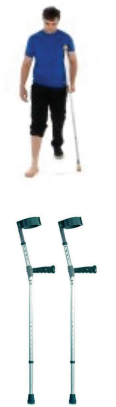 Person on crutches and a pair of crutches