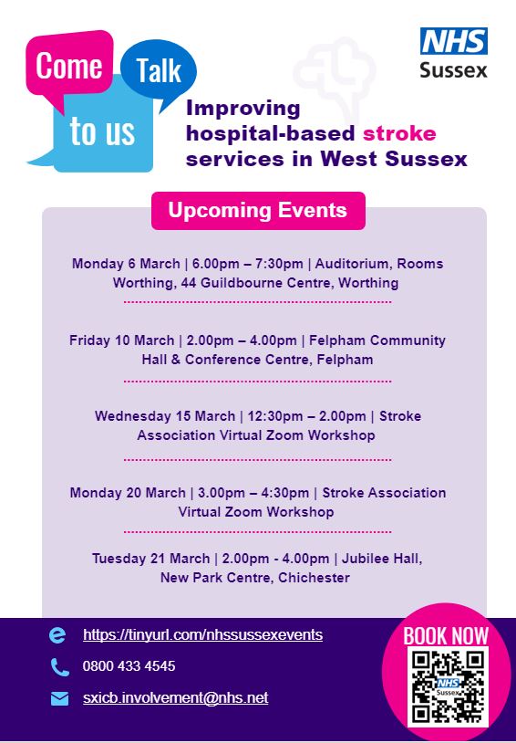 Poster for events discussing the improvement of stroke services in West Sussex consultaion.
