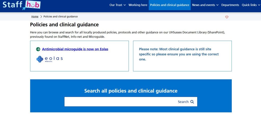 Screenshot of StaffHub - Policies and clinical guidance page