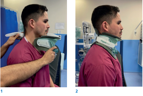 Picture 1: Ensure the patient is sat in a comfortable, supported position and is able to keep their head still during the collar change. If the patient is unable to sit still for any reason, consider changing the collar in lying to ensure safety is optimised.
Picture 2: Removal of front and back panel of Spinal Collar.