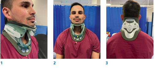 Three pictures showing how a spinal collar should be worn.