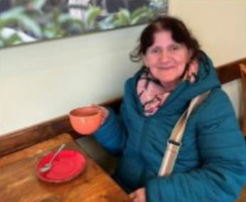 Maria having a cup of tea.