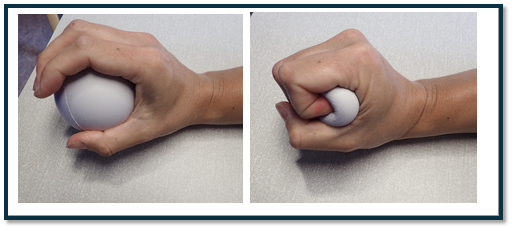 A close-up of a hand squeezing a white ball
