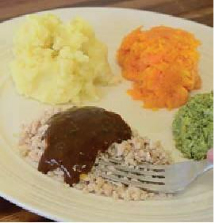 A plate with a meal made up of minced and moist diet foods. 