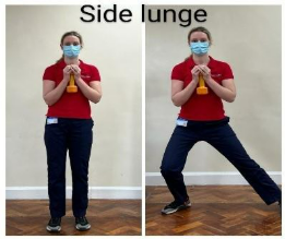 A person holding weights whilst doing an side lunge.