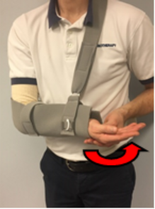 Wearing your sling, gently (as pain allows) use your uninjured arm to help your operated arm to turn your forearm so that your palm is facing up.