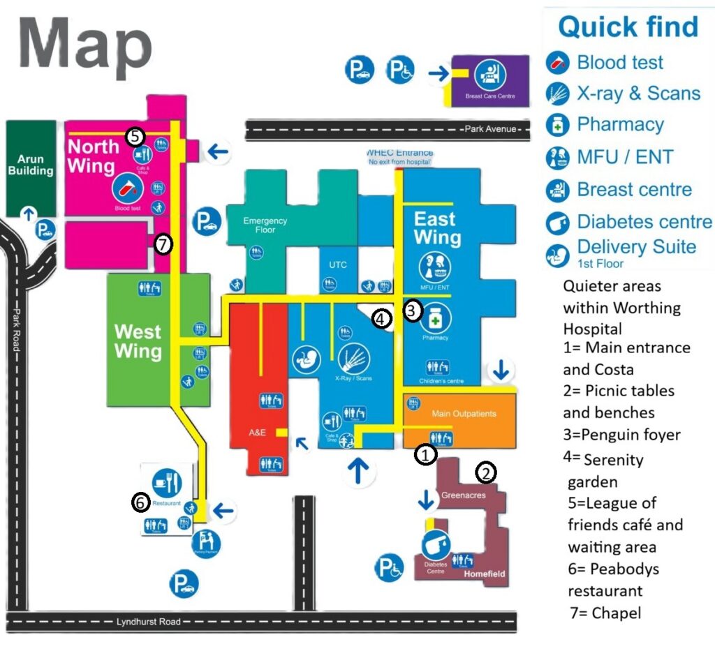 Map showing quieter waiting areas in Worthing Hospital.
