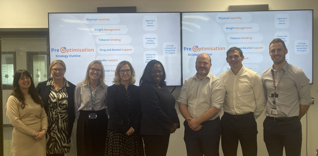 Pictured (left to right): Armina Pascual, Deputy Sister, Surgical Pre Assessment (SPA, Angela Borillo, Deputy Sister, Surgical Pre Assessment (SPA), Anne York, Ward Manager, Chanctonbury Suite & Surgical Pre Assessment (SPA), Denise Concepcion, Staff Nurse, Surgical Pre Assessment (SPA), and Oliver Harvey, Anaesthetist and the Lead for the Perioperative Swap2Stop scheme.