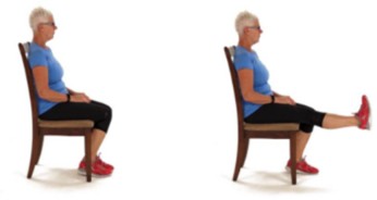 A person sitting in a chair, bending and straightening their knee.