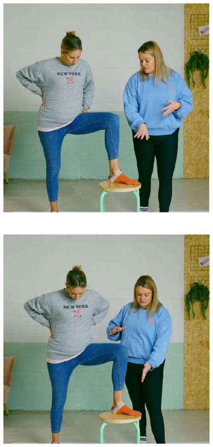 Two photos show a standing side lunge with one foot on a chair. Another person stands close by to give support.