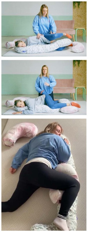 Three photos show a supported side-lying position. Pillows support the abdomen and legs, and the body leans slightly towards the front with the hips at an angle
