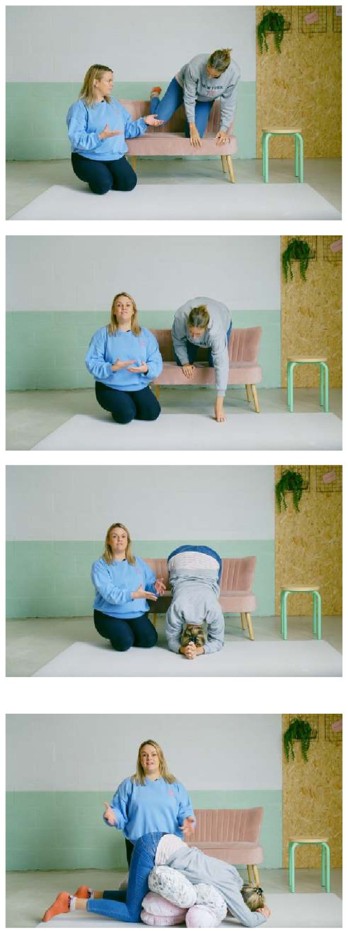 Photos show a person kneeling on a raised surface, leaning down onto the forearms with the bottom raised, then coming back up. One photo shows an adapted version with pillows