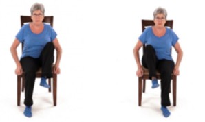 A person sitting on a chair and using their legs to march on the spot.
