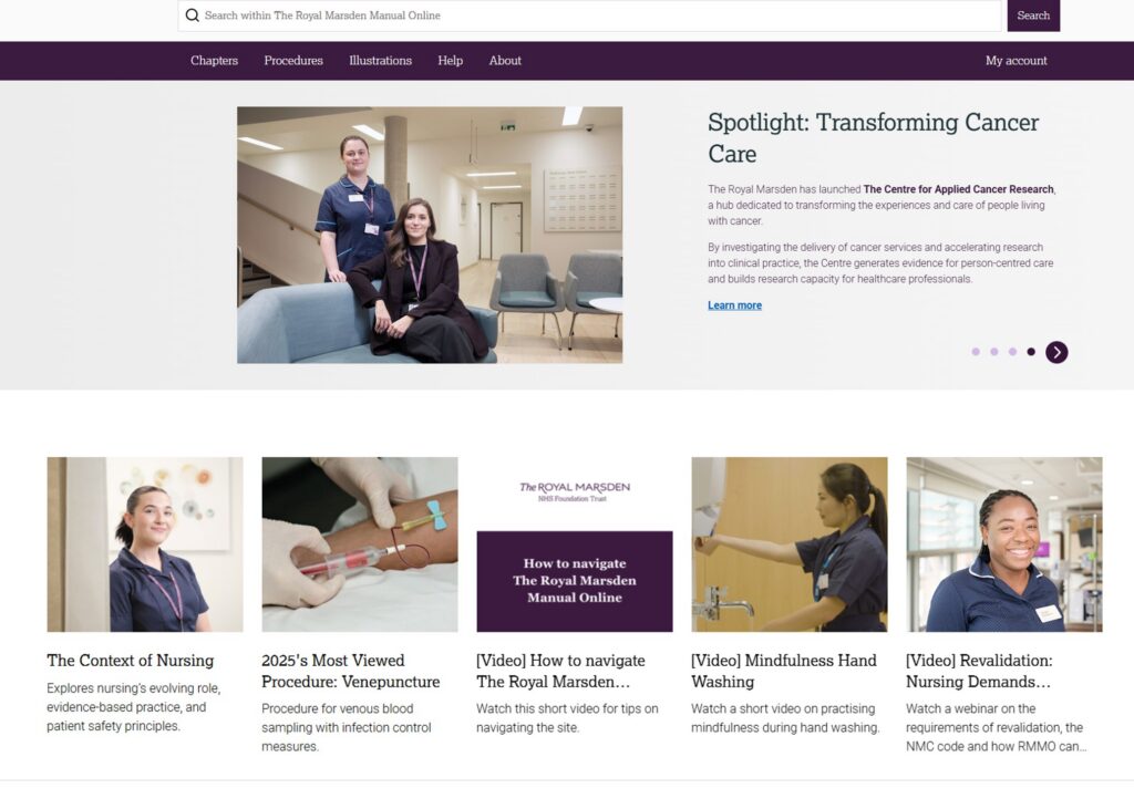 Screenshot from the front page of the resource - Royal Marsden online