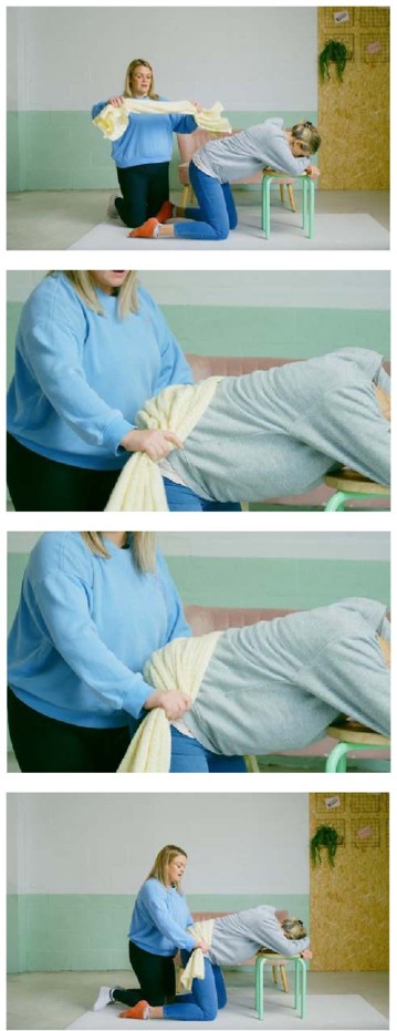 Four photos show a person on all fours or leaning forward while another person holds and moves a wide cloth across the lower back and bottom.