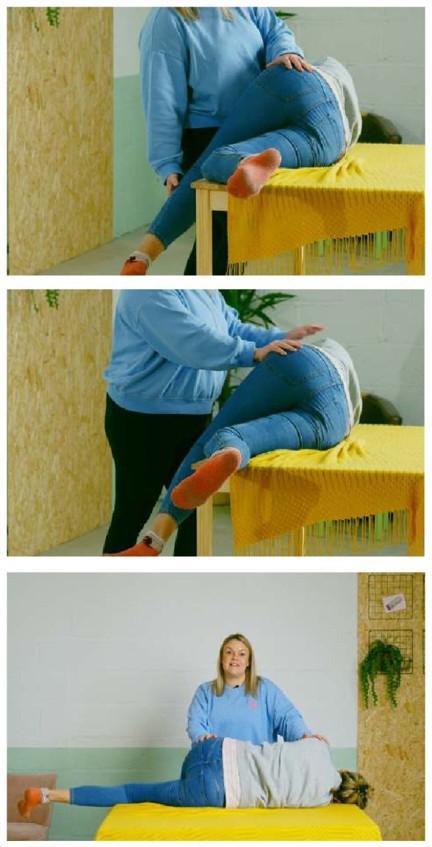 Three photos show a side-lying release: a person lies at the edge of a bed while another person gives support, the top leg hangs down, and pillows support an adapted position