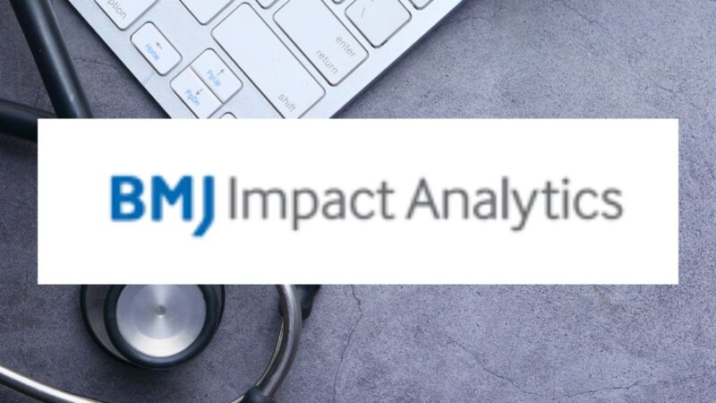 Laptop on a table with stethoscope and document and BMJ Impact Analytics logo