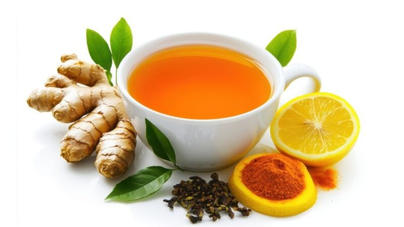 Cup of herbal tea with lemons and ginger around it.
