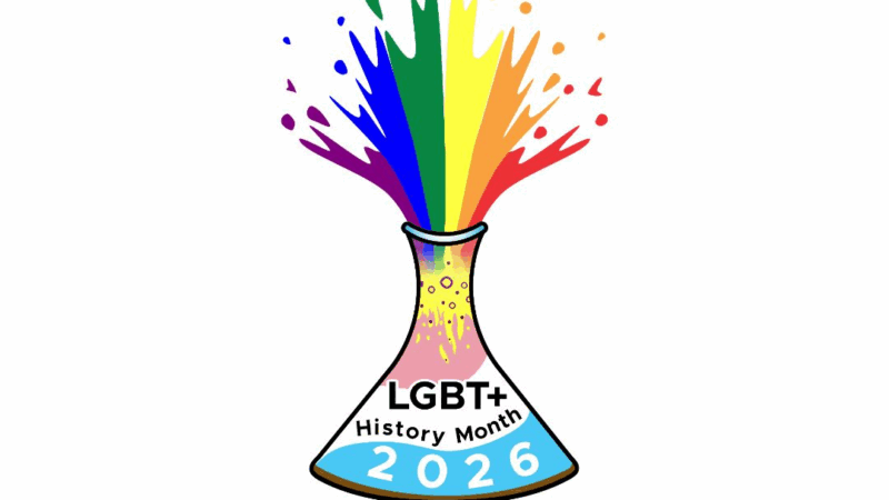 Graphic of rainbow colours with LGBT+ History month text and 2026