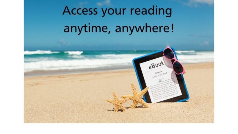 An e-book on a beach next to a starfish with the text 'Access your reading, anytime, anywhere