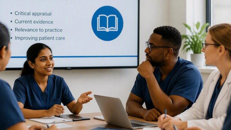 staff sitting at a table discussing journal club content