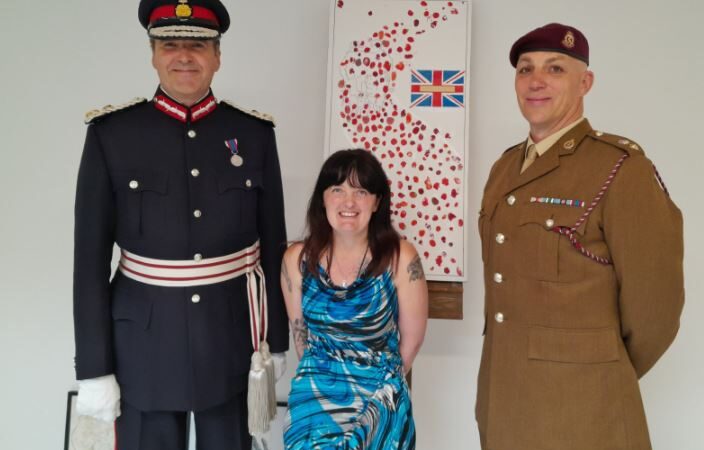 Pictured: from left to right: Lord-Lieutenant of East Sussex, Andrew Blackman, Kirsty Chapman (artist) and Lt Col Benjamin Caesar.